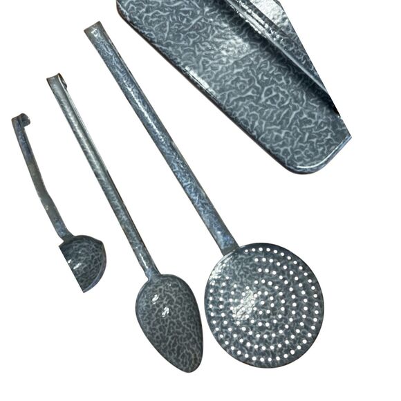 Gray Graniteware Wall Utensil Holder with Utensils Vintage Farmhouse Ladle Spoon - Picture 5 of 7